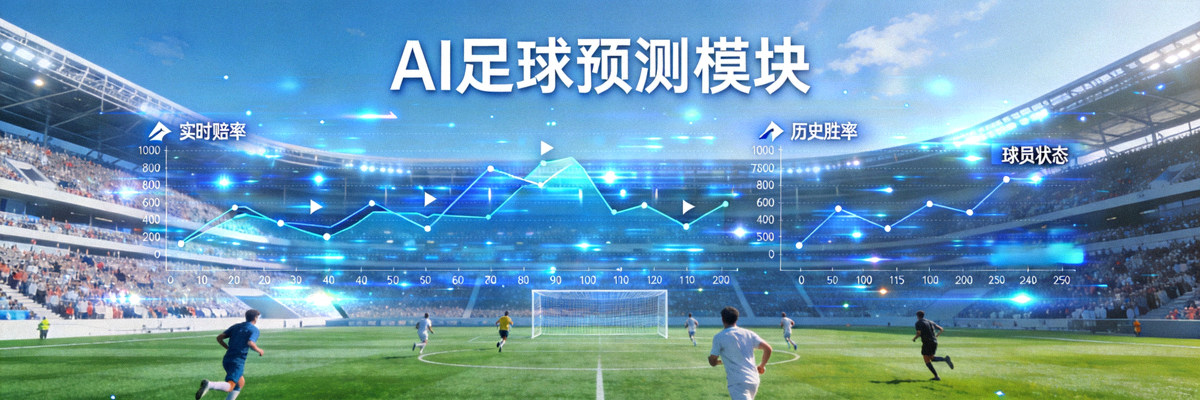 AI足球预测模块横幅 - 显示足球赛场与动态数据流覆盖图